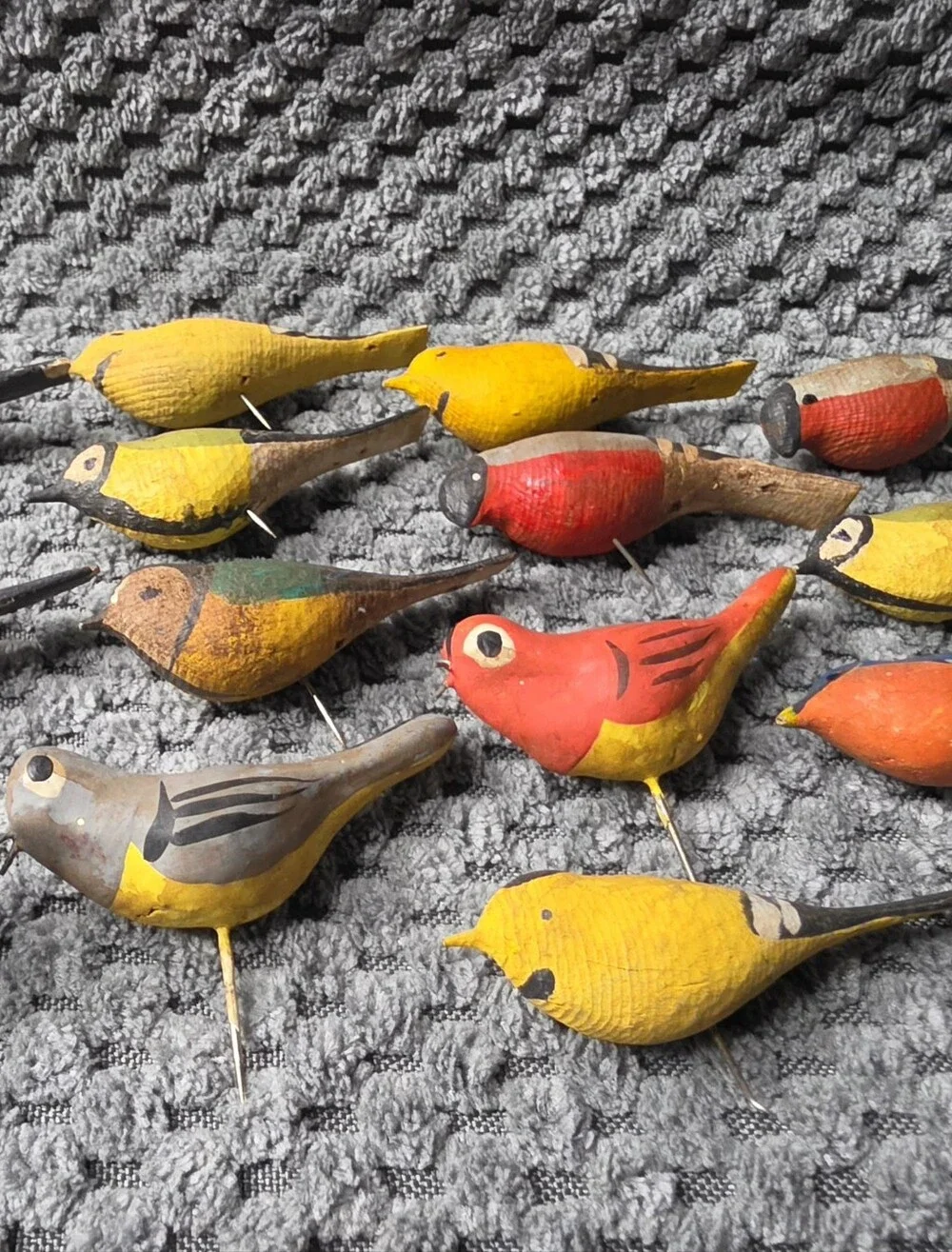Vintage 14 Hand-Painted Yellow and Red Decorative Wooden Bird With Pin